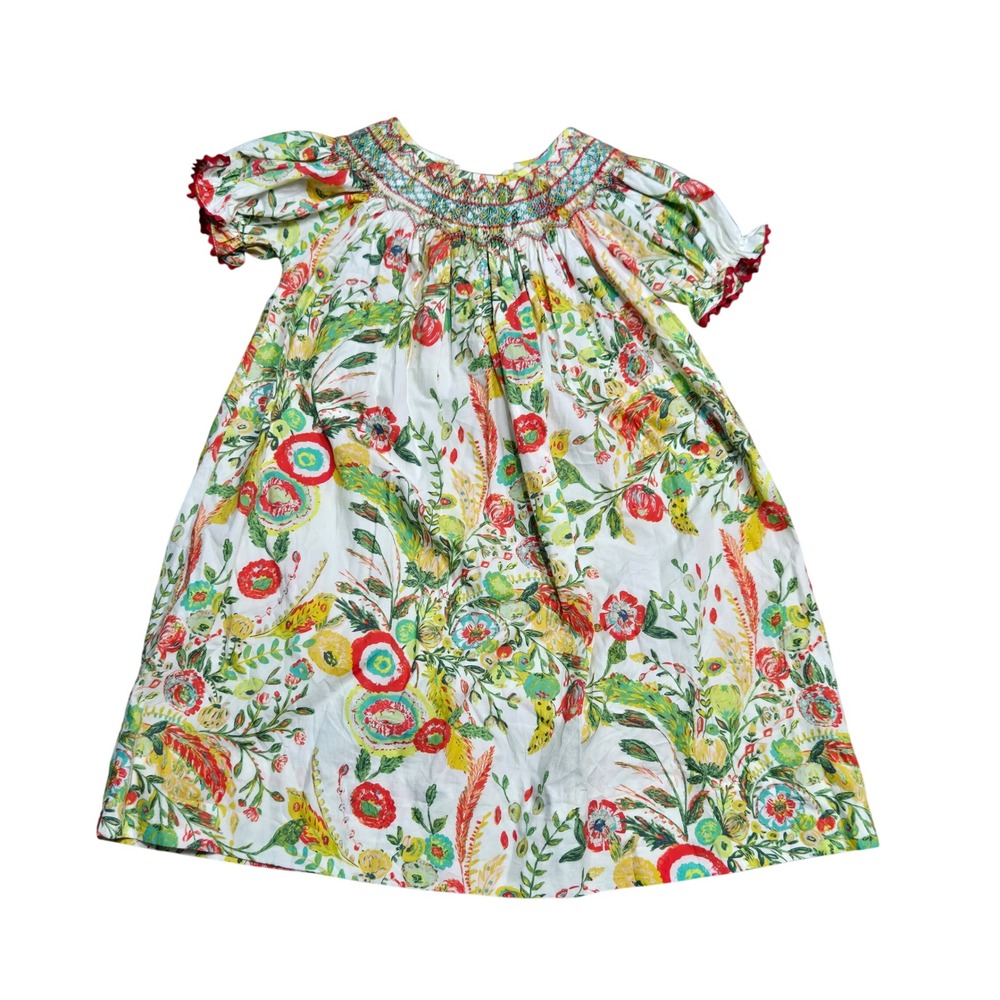 Le Za Me Girls 3T Smocked Bishop Dress Floral Botanical Multicolor